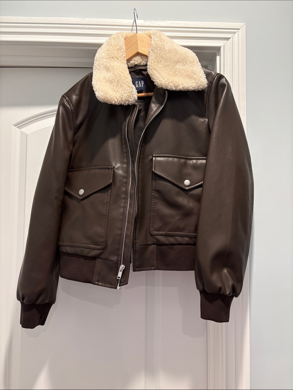GAP Dark Brown Faux Leather Bomber Jacket with Cream Sherpa Collar